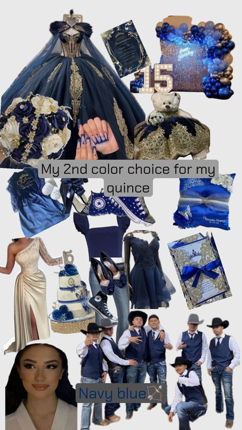 Navy Blue And Gold Quinceanera Theme, Periwinkle Quince, Quince Dark Blue, Navy Blue Quinceanera Decorations, Quince Royal Blue, Dark Blue Quinceanera, Quinceanera Navy Blue, Navy Blue Quinceanera Ideas, Surprise Dance Outfits Quinceanera