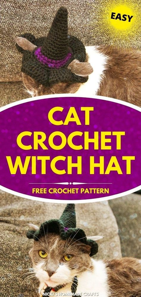 Easy Free Crochet Hat Pattern. This Cat's Witch Hat Crochet Pattern is easy to make with a single crochet stitch. The pattern uses 100% acrylic yarn from WeCrochet. It's the perfect weekend project for an advanced crochet beginner as a great crochet idea or as a gift. Great for a Halloween project as well. Free Crochet Cat Hat, Crochet Cat Hat Beanie, Crochet Witch Hat Pattern, Witch Hat Pattern, Crochet Witch Hat, Cat For Halloween, Crochet Halloween Patterns Free, Cat Witch Hat, Beanie Hat Crochet Pattern