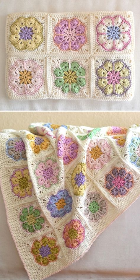 African Flower Crochet, Free Patterns Crochet, Crochet African Flowers, Granny Blanket, Crochet Flower Blanket, Granny Square Crochet Patterns Free, Crochet Blanket Designs, Flower Crochet, Crochet Square Patterns