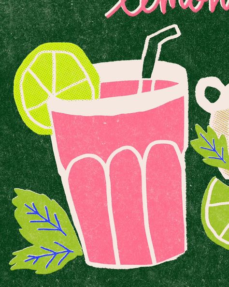 Lemonade Painting, Mint Illustration, Lemonade Art, Graphic Moodboard, Lemonade Aesthetic, Lemonade Illustration, Fresh Lemonade, Riso Print, Mocktail Recipe