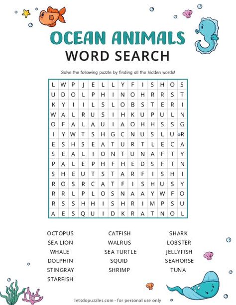 Printable Ocean Animals Word Search Ocean Word Search, Ocean Words, Ocean Theme Crafts, Easy Word Search, Kids Word Search, New Year Words, Spelling Words List, Bible Crafts Sunday School, Sea Activities