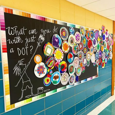 1st Grade Crafts, Art Bulletin Boards, School Hallway, Preschool Bulletin, School Displays, Dot Day, The Dot, Collaborative Art, Kindergarten Art