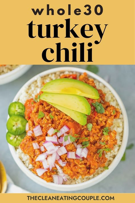 This Whole30 Turkey Chili recipe is an delicious, healthy meal made in the crockpot or instant pot. Loaded with veggies- it's easy to make and yummy! This healthy chili recipe is great for serving over cauliflower rice for a Whole30 option, regular rice, tortilla chips or just on it's own! Make it with turkey, beef or chicken! Healthy Turkey Chili Recipe, Healthy Chili Recipe, Healthy Turkey Chili, Healthy Chili Recipe Turkey, Easy Whole30 Recipes, Chili Recipe Healthy, Healthy Turkey Recipes, Turkey Chili Healthy, Turkey Chili Recipe