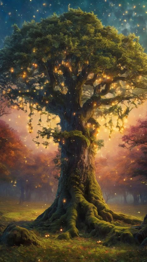 magical big old tree 🌳🍃🧚🏽‍♀️🌿🪴🦋✨ Fairy Tree Painting, Big Old Tree, Tree Story, Tree Fairy, Wall Tree, Rainbow Tree, Poster Color, Fairy Tree, Old Tree