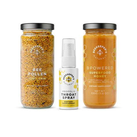 Each of the products in the Active Essentials Set from Beekeeper's Naturals are made to promote a healthy lifestyle. The set includes one Propolis Spray, one jar of raw bee pollen, and one jar of B. Powered Superfood Honey, each with their own particular benefits. The set makes a great gift or care package! Bee Hive Plans, Throat Spray, Honey Brand, Honey Shop, Organic Snacks, Crushing It, Essentials Set, Bee Pollen, The Hive