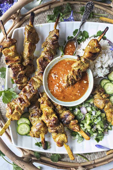 Authentic Pork Satay with Peanut Dipping Sauce Pork Satay Recipe, Pork With Peanut Sauce, Thai Chicken Satay With Peanut Sauce, Pork Satay With Peanut Sauce, Pork Peanut Sauce, Peanut Butter Pork, Thai Pork Chops, Satay Marinade, Peanut Satay Sauce