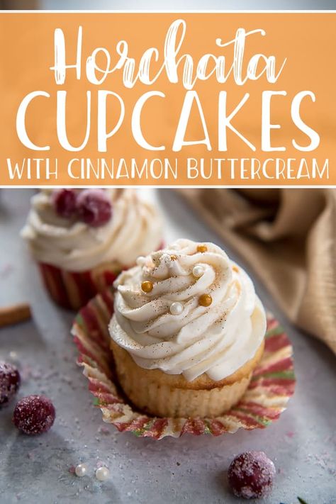 Horchata Cupcakes Recipe, Coquito Cupcakes Recipe, Horchata Cake Recipe, Concha Cupcakes Recipe, Horchata Cake, Horchata Cupcakes, Whiskey Buttercream, Rumchata Cupcakes, Boozy Sweets