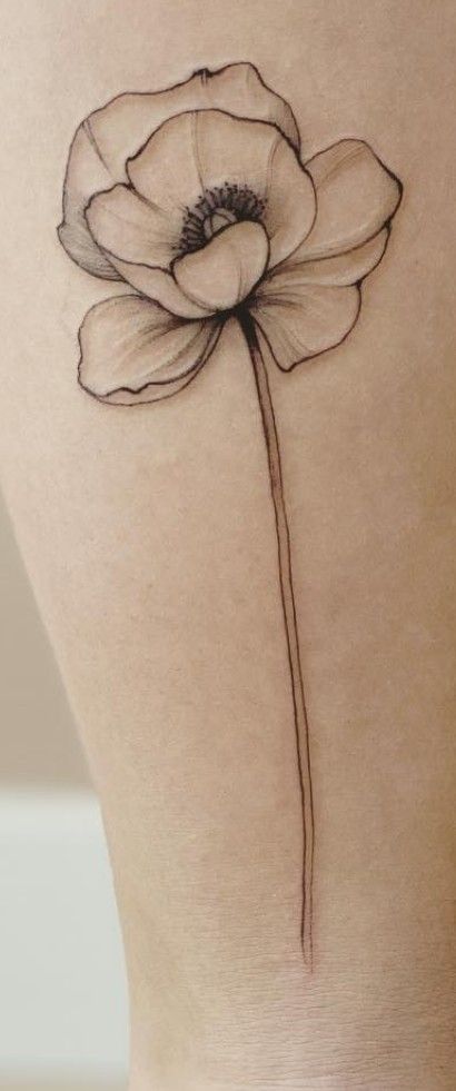 Blooming Poppy Tattoo, Poppy Geometric Tattoo, Minimalist Poppy Tattoo Simple, Fine Line Poppy Tattoo Arm, Poppy Tattoo Placement, Black And White Poppy Tattoo, Poppy Shoulder Tattoo, Poppy Tattoo Forearm, Poppy Tattoo Shoulder