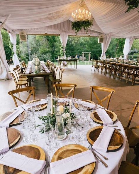 Wedgewood Weddings on the Creek ⛰✨ on Instagram: "Round tables or Napa tables? Why not both?! 😉 #bouldercreek #wedgewoodbouldercreek #wedgewoodweddings #roundtable #napatable #xbackchairs #woodenchargers #glassware #chandelier #weddingtent #weddingreception" Wooden Chargers, Wedgewood Wedding, Boulder Creek, Round Tables, Wedding Tent, Flower Ideas, Round Table, Table Decorations, Weddings