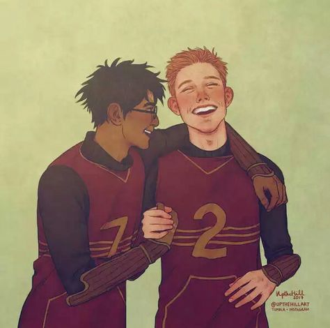 Harry and Rony quidditch players by www.upthehillart.deviantart.com Hp Drawings, Potter Fanart, Ron And Harry, Movies Art, Harry Potter Illustrations, Expecto Patronum, Harry Potter Artwork, Potter Art, Golden Trio