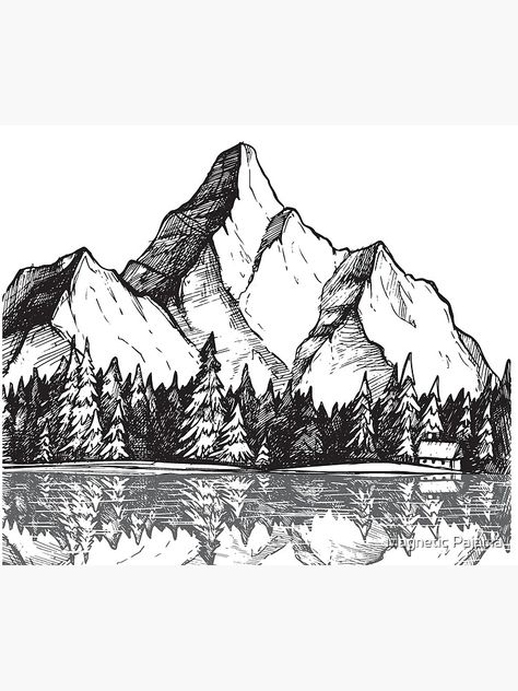 "Scenic Mountain with Reflection in Lake Water // Snowy Mountains Mountain Range Drawing" Tapestry by MagneticMama | Redbubble Drawing Of Mountains, Mountains And Trees, Mountain Drawing, White Drawing, Landscape Drawings, Pen Art, Pyrography, Pen Ink, Ink Drawing