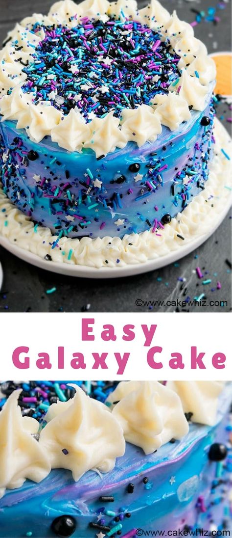 Quick and easy DIY galaxy cake with lots of sprinkles. This galaxy birthday cake is fun, colorful and perfect for kids' space themed parties. Outer Space Cake Ideas, Simple Space Cake, Galaxy Themed Birthday Party Food, Easy Space Cake, Diy Space Cake, Out Of This World Desserts, Outer Space Cakes For Kids, Galaxy Snacks, Space Cake Ideas Simple