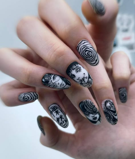 Tokyo Revengers Nails, Horror Nails, Band Nails, Art Deco Nails, Punk Nails, Romantic Nails, Nail Drawing, Amazing Nails, Anime Nails