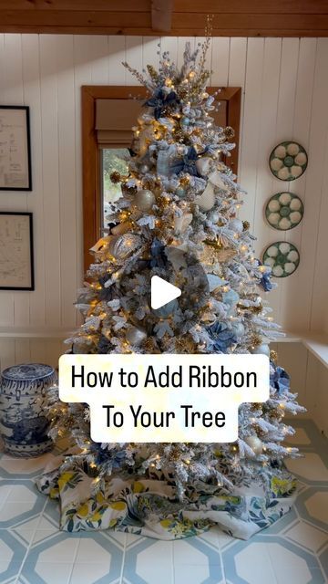 Christina on Instagram: "Adding dimensional wired ribbon to a Christmas tree is a great way to bring in more sparkle and fullness, and give it a designer touch. I like to pick two ribbons for my tree, one that’s sparkly and one that is textural. Save this video for when you’re ready to decorate, but don’t wait to long to shop for your ribbon, it does sell out quickly, and it doesn’t get restocked. My tree is a @kingofchristmas 7.5’ queen flock, what other questions do you have about decorating this year?" Christmas Tree With Wide Mesh Ribbon, How Do You Add Ribbon To A Christmas Tree, How To Decorate A Christmas Tree With A Ribbon, Garland And Ribbon On Christmas Tree, Christmas Tree With Flowers And Ribbon, Droopy Christmas Tree, Christmas Tree Ideas Ribbon Decorating, Xmas Tree Ribbon Ideas How To Decorate, Memory Christmas Tree Decorating Ideas