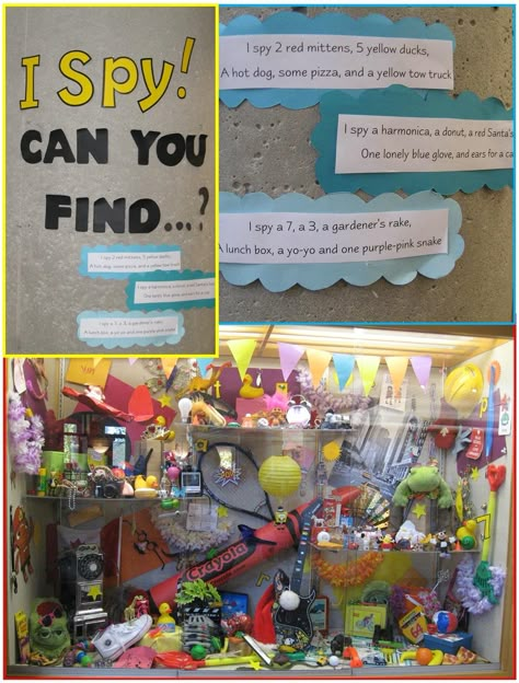 Treasure hunt at the library! A fun "I Spy" display that grabbed lots of attention I Spy Aquarium, I Spy Display Case, Middle School Display Case Ideas, Display Case Ideas For School, Spy Books, Library Window, Coco Pops, Library Decorations, I Spy Books