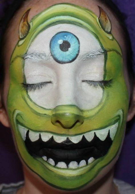 Monsters Inc by Heather. Mike Wazowski Makeup Look, Mike Wazowski Face Paint, Mike Wazowski Makeup, Mike Wazowski Costume, Disney Face Painting, Joker Halloween Makeup, Toddler Games, Mike From Monsters Inc, White Face Paint