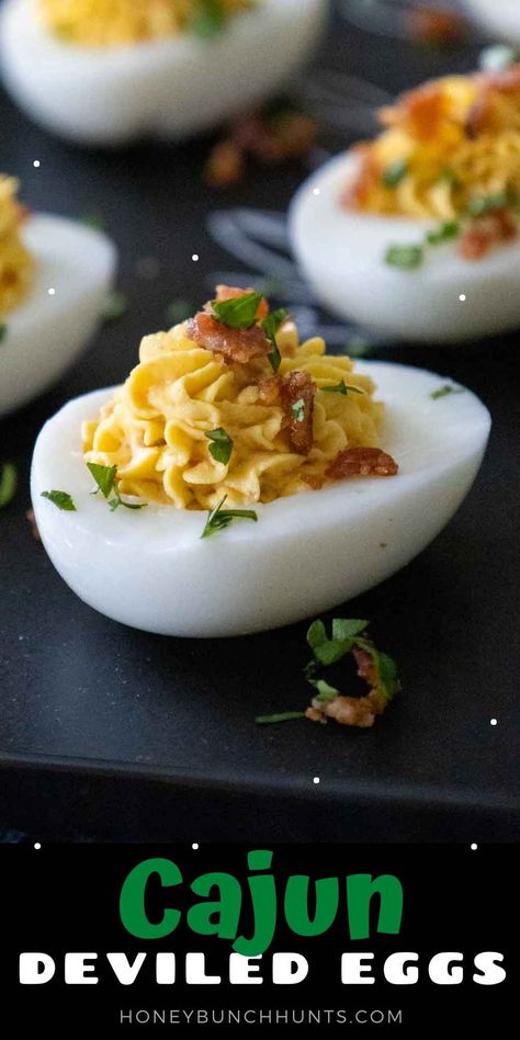 Cajun Deviled Eggs with Bacon Cajun Deviled Eggs, Deviled Eggs With Bacon, Egg Appetizer, Low Carb Appetizer, Eggs With Bacon, Spicy Deviled Eggs, Deviled Egg Recipe, Bacon Crisps, Easy Egg Recipes