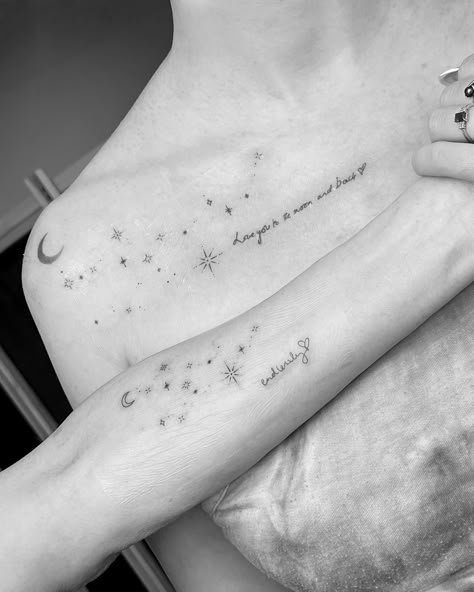 Do you remember the reaction video I posted last year featuring the constellation tattoo? I engraved it alongside my client's mum's handwriting onto her collarbone It was heartwarming when her mum came to me for her first tattoo, wanting to match her daughter's She got the same constellation tattoo with "endlessly" written in her daughter's handwriting 🥹 "Love you to the moon and back, endlessly" – such an endearing pair of tattoos While writing this caption in advance, I revisited the mo... Love You To The Moon And Back Tattoos, Tattoo Mum And Daughter, Love You To The Moon And Back, I Love You To The Moon And Back Tattoo, Mum And Daughter Tattoo, To The Moon And Back Tattoo, Handwriting Tattoos, Back Tats, Love Yourself Tattoo