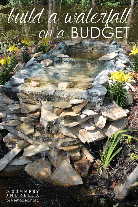 Don't let anyone tell you differently. You can build a waterfall on a budget! Let me show you how with this tutorial. Diy Waterfall, Building A Pond, Diy Pond, Garden Waterfall, Pond Waterfall, Backyard Water Feature, Waterfalls Backyard, Water Pond, Water Fall