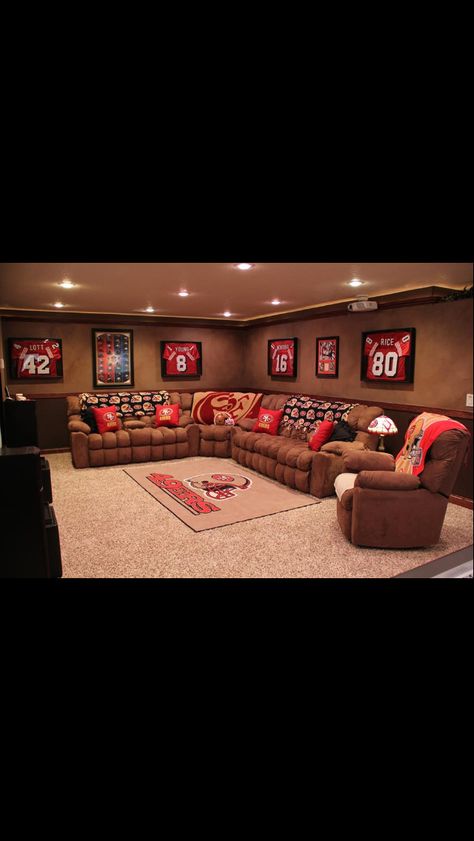 Switch it up to your favorite NFL team ( the Steelers)  and this is an awesome idea - love the color contrast and how classy cool it all looks!!! Man Cave Theme Ideas, Sala Cinema, Sports Man Cave, Man Cave Furniture, Ultimate Man Cave, Bar In Casa, Man Cave Room, Man Cave Basement, Man Cave Home Bar