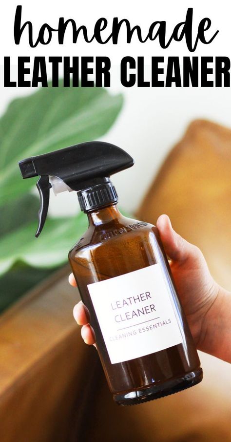 Clean your couch gently and naturally with this DIY leather cleaner. This easy solution cleans and conditions with essential oils and olive oil leaving your furniture looking refreshed and renewed! DIY cleaners, all natural, homemade Diy Leather Couch Cleaner, Leather Couch Cleaner, Homemade Leather Cleaner, Leather Purse Cleaner, Diy Leather Furniture, Leather Furniture Cleaner, Leather Cleaner Diy, Couch Cleaner, Leather Conditioner Diy