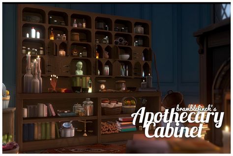 This is the most complex mesh I’ve made so far, but I saw an apothecary cabinet like this on Pinterest and I NEEDED IT. Just because EA haven’t given us witches (yet *fingers crossed*) doesn’t mean I can’t fill all my builds with witchy clutter. And... Sims 4 Herbalism Cc, Sims 4 Witch House, Sims Medieval, Sims 4 Studio, Sims 5, Sims 4 Mm Cc, Apothecary Cabinet, Sims 4 House Design, Sims Building