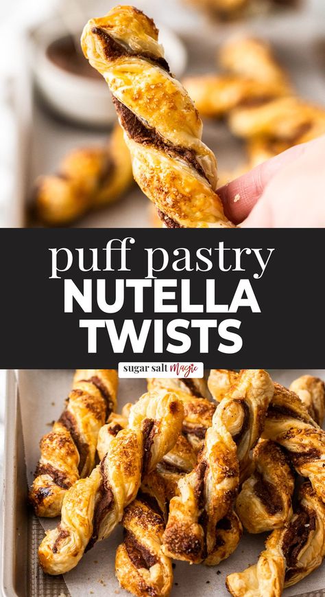 These Nutella puff pastry twists are the perfect treat for breakfast, brunch or a snack. With just 4 ingredients, in no time at all, these incredibly easy Nutella pastries are totally addictive. Why you'll love them: Addictively yum! Crispy layers, crunchy, buttery and chocolatey! Only 4 ingredients. Seriously easy to make – just 10 minutes effort. Can be made ahead. Perfect for brunch, breakfast or just a sweet snack with a cuppa. Puff Pastry Nutella Twist, Nutella And Puff Pastry, Puff Pastry Dessert Nutella, Nutella Twists Puff Pastries, Nutella And Puff Pastry Recipes, Puff Pastry Recipes Nutella, Nutella Pastry Puff, Puff Pastry With Nutella, Puff Pastry Nutella Recipes