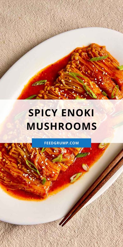 plate of spicy enoki mushrooms Gochujang Mushrooms, Spicy Enoki Mushrooms, Enoki Mushroom Recipe, Spicy Meals, Korean Barbeque, Cultural Foods, Enoki Mushrooms, Gochujang Sauce, Mushroom Recipe