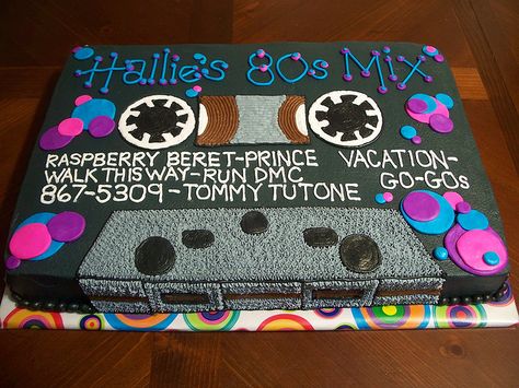 This would be a cute cake for my daughter's birthday party. Of course, she is only turning 10, so I would expect her to ask what a cassette tape is. She doesn't know what records are either. Cassette Tape Cake, 80s Party Decorations, 80s Birthday Parties, Birthday Cake For Husband, Cake For Husband, 80s Theme Party, 80s Theme, 90's Birthday Party, 40th Birthday Cakes