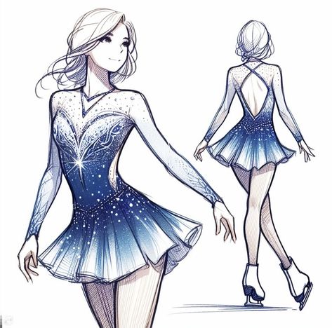 Ice Inspired Dresses, Ice Dress Drawing, Figure Skating Dresses Drawing, Ice Skater Drawing, Blue Ice Skating Dress, Figure Skating Dresses Beautiful, White Ice Skating Dress, Ice Skating Outfit Competition, Figure Skating Drawing