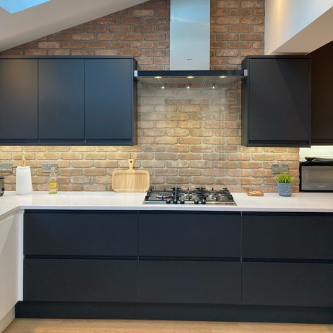 Brick Kitchen Splashback, Brick Slip Kitchen Splashback, Brick Tile Splashback Kitchen, Brick Slip Splashback, Brickslips In Kitchen, Brick Slips Kitchen Splashback, Brick Splashback Kitchen, Brick Splashback, Handless Kitchen Cabinets