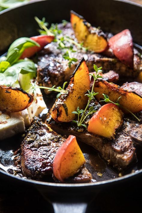 Skillet Balsamic Peach Pork Chops with Feta and Basil | halfbakedharvest.com #peaches #porkchops #easydinner #skilletrecipe Balsamic Peach, Peach Pork Chops, Half Baked Harvest Recipes, Chop Recipes, Skillet Dinners, Harvest Recipes, Half Baked, Easy Pork, Half Baked Harvest