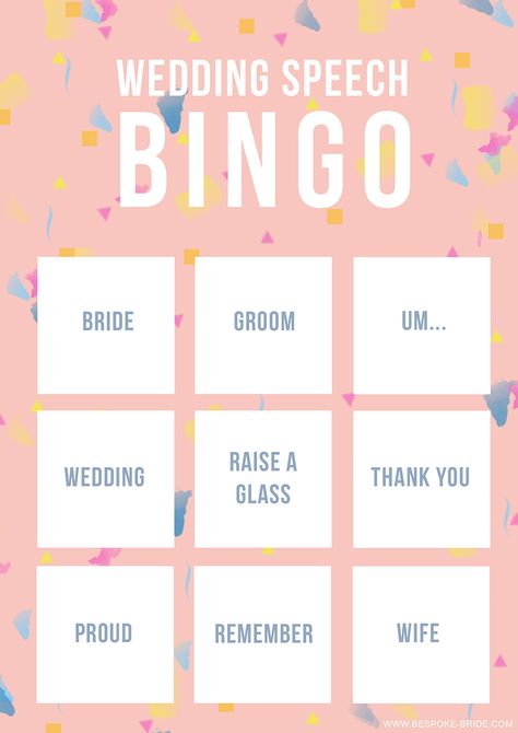 wedding-speech-bingo Funny Wedding Speeches, Wedding Bingo, Wedding Toast Samples, Best Man Wedding Speeches, Best Wedding Speeches, Wedding Speeches, Maid Of Honor Speech, Bingo Template, Best Man Wedding