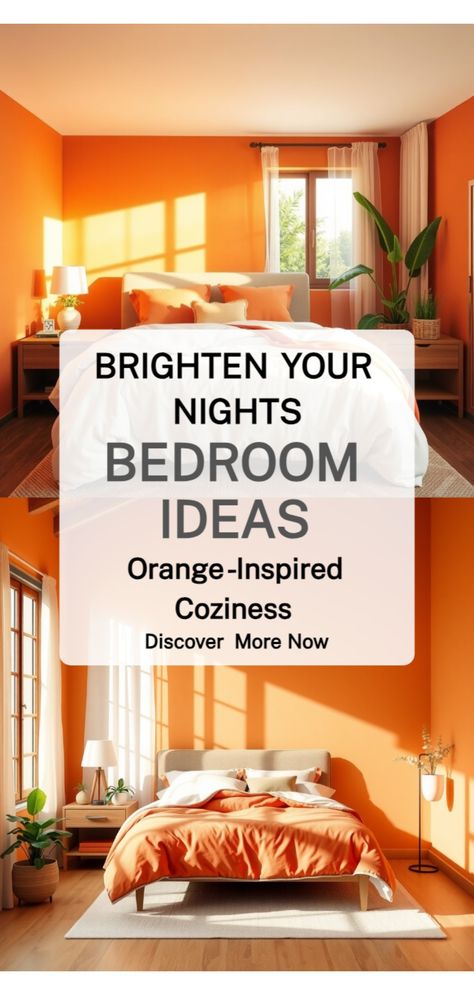 orange bedroom ideas Sunset Inspired Bedroom, Bedroom With Orange Accents, Orange And Teal Bedroom, Orange Bedroom Walls, Orange Bedroom Ideas, Small Bedroom Hacks, Stylish Bedroom Ideas, Art Decor Ideas, Cream Bedrooms