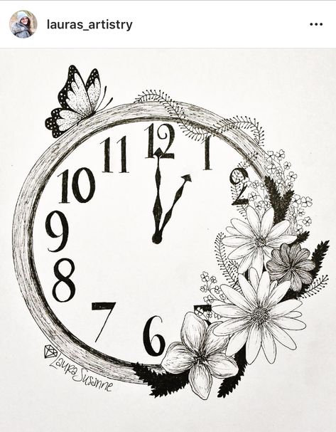 Wall Clock Drawing Sketches, Clock Face Drawing, Clock Design Drawing, Wall Clock Drawing, Butterfly Clock, Clock Drawing, Drawing Butterfly, Cool Cartoon Drawings, Clock Drawings