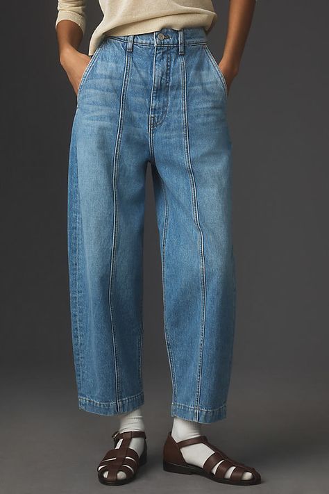 100% cotton Side slant pockets Back patch pockets Front zip Machine wash USA | Sol High-Rise Barrel Jeans by Self Contrast in Blue, Women's, Size: 27, Cotton at Anthropologie Casual Cool Street Style, Rise Jeans Outfit, High Summer Fashion, Pants Trend 2024, Stylish Casual Outfits Women, Wide Leg Jeans Plus Size, Denim Bell Bottoms, Demin Jeans, Balloon Jeans