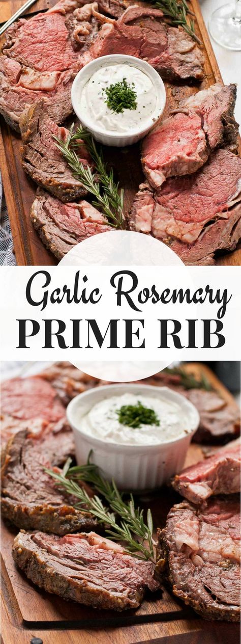 This Rosemary and Garlic Prime Rib Roast is a show stopping holiday dinner! Served with a creamy horseradish sauce, this rib roast will have everyone begging for more! Easy Prime Rib Roast Recipe, Recipes Christmas Dinner, Boneless Prime Rib Recipe, Crusted Prime Rib, Dinner Party Main Course, Slow Roasted Prime Rib, Prime Ribs, Creamy Horseradish, Prime Rib Dinner