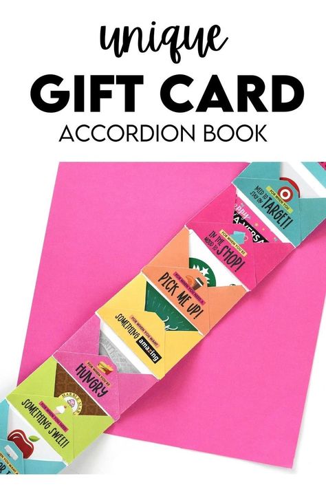 Fun gift idea! A DIY accordion envelop book full of different gift cards How To Give Gift Cards Ideas Creative Birthday, Diy Gift Card Holder Ideas Birthday, Gift Card Craft Ideas, Gift Card Book For Graduation, Gift Card Holder For Men, Make Gift Card Holder, Fun Way To Gift Gift Cards, How To Give Gift Cards For Christmas, Retirement Gift Card Ideas