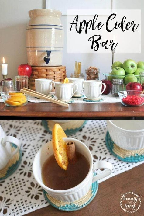 Apple Cider Station, Apple Cider Bar, Diy Apple Cider, Cider Bar, Diy Apple, Fall Parties, Party Food Buffet, Hot Cider, Jar Ideas