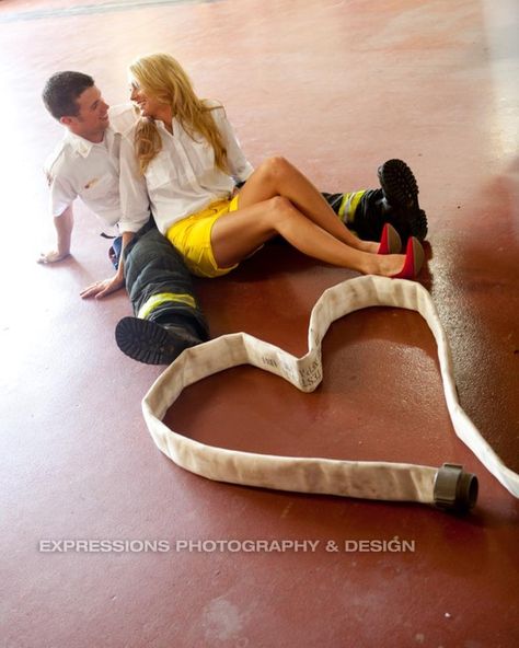 Firefighter Engagement Pictures, Firefighter Couple, Fireman Wedding, Firefighter Engagement, Firefighter Girlfriend, Firefighter Family, Firefighter Wedding, Firefighter Love, Pictures Engagement