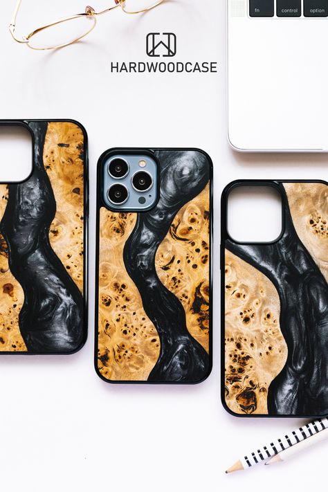 Black Resin and Wood Phone Case for iPhones with MagSafe. Resin Iphone Case, Gadget Accessories, Charger Ideas, Resin Phone Case, Mobile Back Cover, Iphone S, Iphone Magsafe, Wooden Phone Case, Wood Phone Case