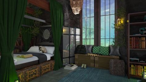 Slytherin Common Room Bedroom, Slytherin Room Ideas, Slytherin Dorm Room, Slytherin Dormitory, Hogwarts Dorm Room, Slytherin Bedroom, Hogwarts Common Rooms, Hogwarts Dorm, Hogwarts Bedroom