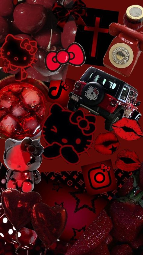 Red Cartoon Aesthetic, Dark Red Hello Kitty, Hello Kitty Dark Aesthetic, Tea Wallpaper, Hello Kitty Aesthetic, Hello Kitty Backgrounds, Hello Kitty Wallpaper, Dark Red, Dark Aesthetic