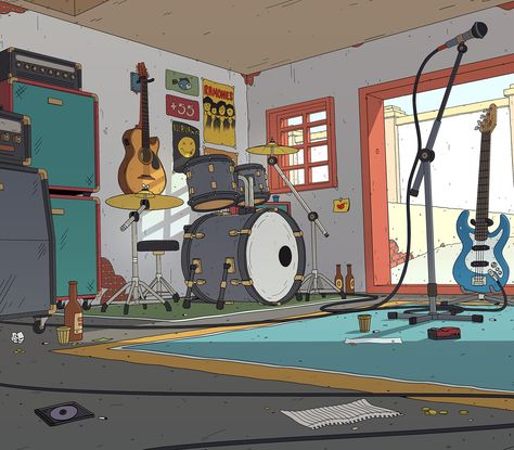 Garage Band, on ArtStation at https://www.artstation.com/artwork/oAoKPk Anime Band Aesthetic, Music Room Drawing, Music Studio Illustration, Garage Rock Aesthetic, Music Illustration Artworks, Garage Band Aesthetic, Music Band Illustration, Band Cover Art, Rock Band Illustration