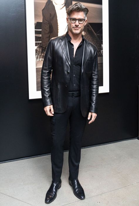 Black Leather Blazer Outfit, Eric Rutherford, Mens Leather Blazer, Leather Jacket Outfit Men, Celebrity Boots, Red Leather Boots, Black Leather Blazer, Best Dressed Man, Fashion Book