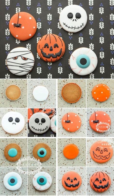 Halloween Decorated Cookies, Spooky Cookies, Halloween Sugar Cookies Decorated, Halloween Torte, Postres Halloween, Halloween Cookie Recipes, Cookies Halloween, Halloween Cookies Decorated, Halloween Sugar Cookies