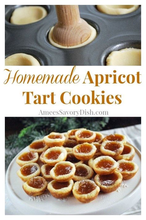 A family favorite holiday cookie recipe for homemade apricot tarts made with apricot filling and homemade cream cheese dough #tartcookies #holidaycookierecipe Apricot Tartlets, Apricot Filling Recipe, Apricot Cookies Recipe, Apricot Tart Recipe, European Cookies, Cream Cheese Dough, Tassies Recipe, Tarts Mini, Apricot Filling