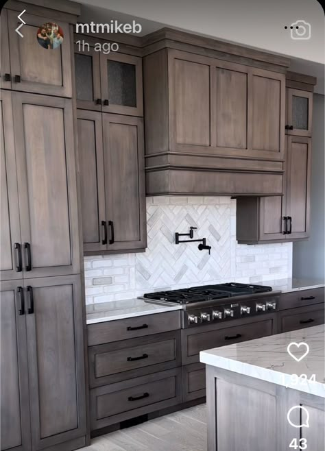 Medium Dark Kitchen Cabinets, Wood Cabinets Grey Floor, Granite For Dark Cabinets, Stained Grey Kitchen Cabinets, White And Brown Farmhouse Kitchen, Cabinet Stains Kitchen Colors, Grey Stain Kitchen Cabinets, Kitchen Cabinets Stained Wood Colors, Grey Wood Cabinets Kitchen