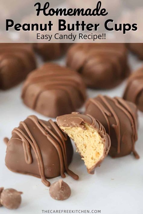 This Homemade Peanut Butter Cup recipe is made with creamy peanut butter filling dipped in chocolate. They're super simple to make and taste just as good as Reese's chocolate and peanut butter treats. #thecarefreekitchen #reeses #peanutbutter #peanutbuttercups #homemadereeses #candy #dessert Peanut Butter Candy Filling, Recess Peanut Butter Cup, Copycat Reeses Peanut Butter Cups Recipe, Homemade Reese’s Peanut Butter Cups, Reese’s Peanut Butter Cup Recipes, Homemade Reeses Cups Easy, Frozen Reeses Peanut Butter Pops, Recees Peanut Butter Cups, Peanut Butter Candy Recipe