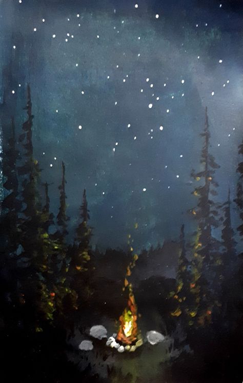 Forest Campfire Painting, Camp Painting Ideas, Camp Fire Paintings, Camping Painting Canvases, Cabin Painting Easy, Campfire Painting Acrylic, Forest Night Painting, Woodsy Paintings, Campsite Painting